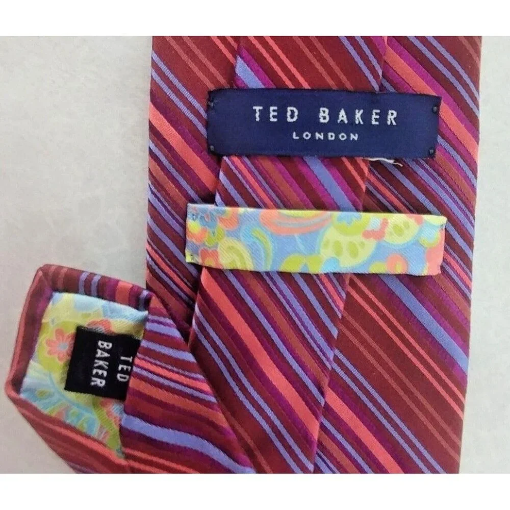 Ted Baker London Mens 100% Silk Tie Diagonal Striping Red Multicolor Floral Back